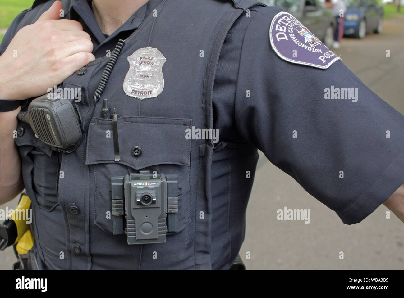 Body worn camera on US cop in Detroit. Stock Photo