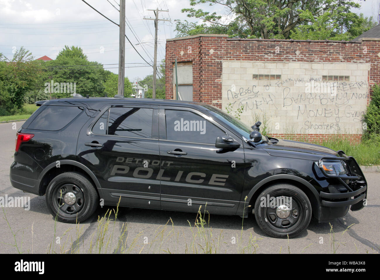 Detroit Police Department Gang Enforcement vehicle by a wall covered in gang graffiti, Detroit, Michigan, USA Stock Photo