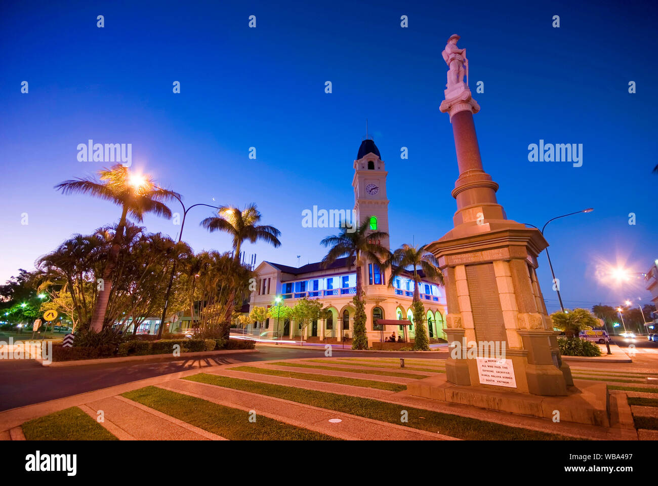 Post Office with clock tower, opened in 1890,  and cenotaph.  Bundaberg, Queensland, Australia Stock Photo