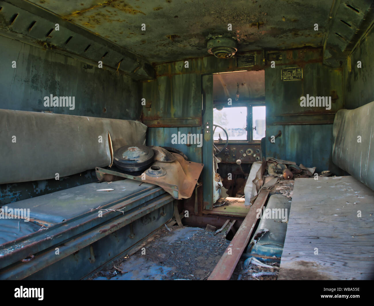 Abandoned military ambulance interior Stock Photo