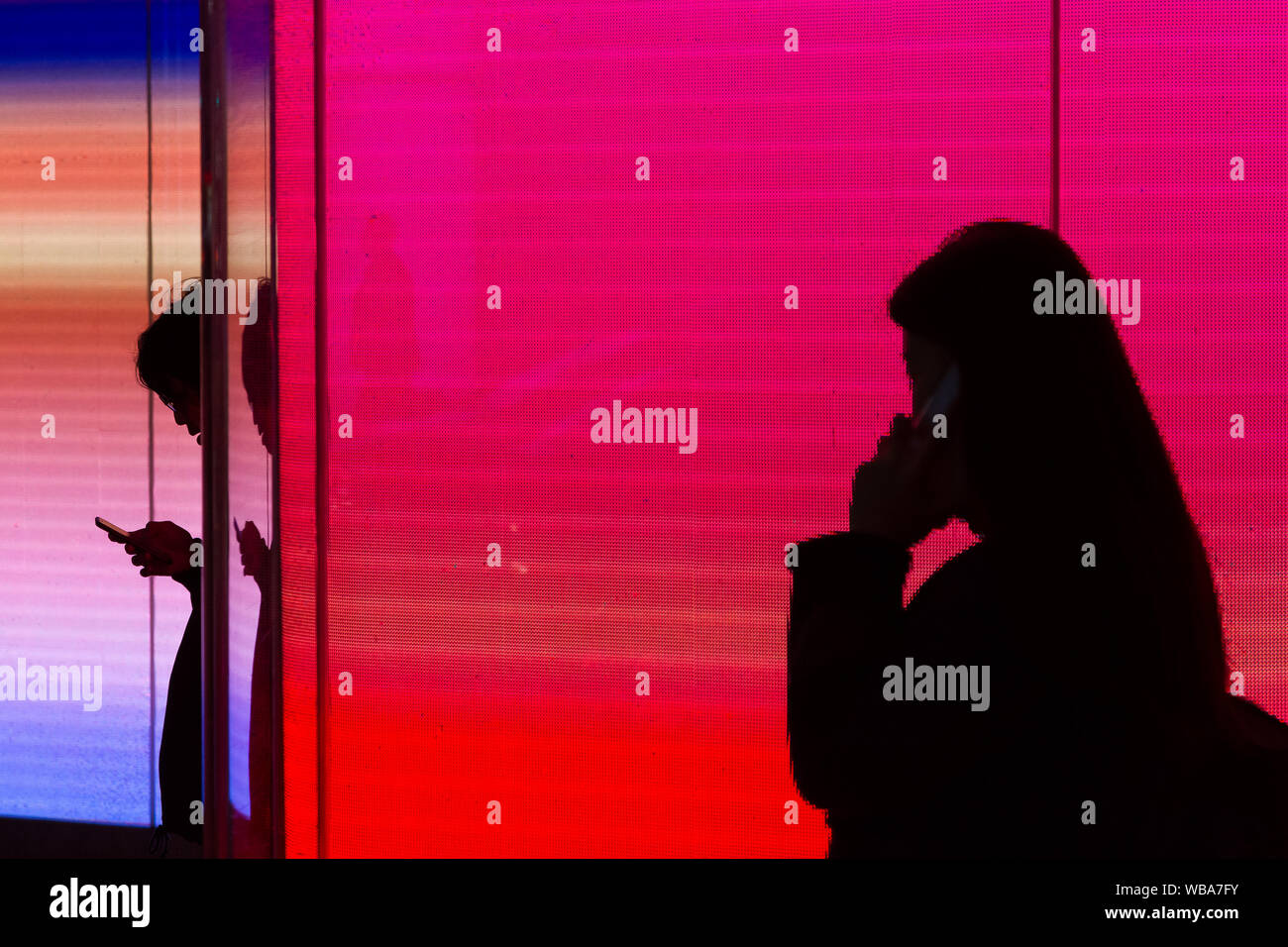 Silhouettes of young people using mobile phones in front of a colourful illuminated wall in Shibuya, Tokyo, Japan, Stock Photo