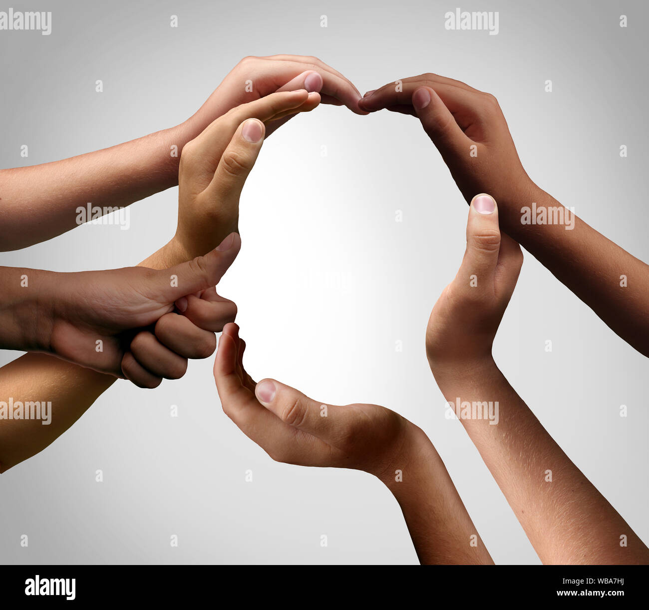 People connect as one as a business creative team made of diverse hands joining together to form one head as a group connected with hands. Stock Photo