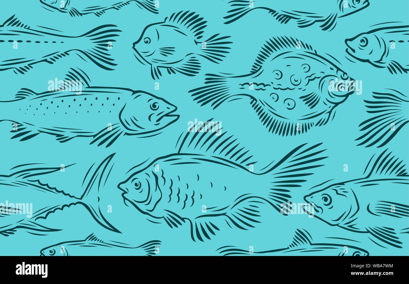 Fish, fishing seamless background. Underwater world, seafood vector illustration Stock Vector