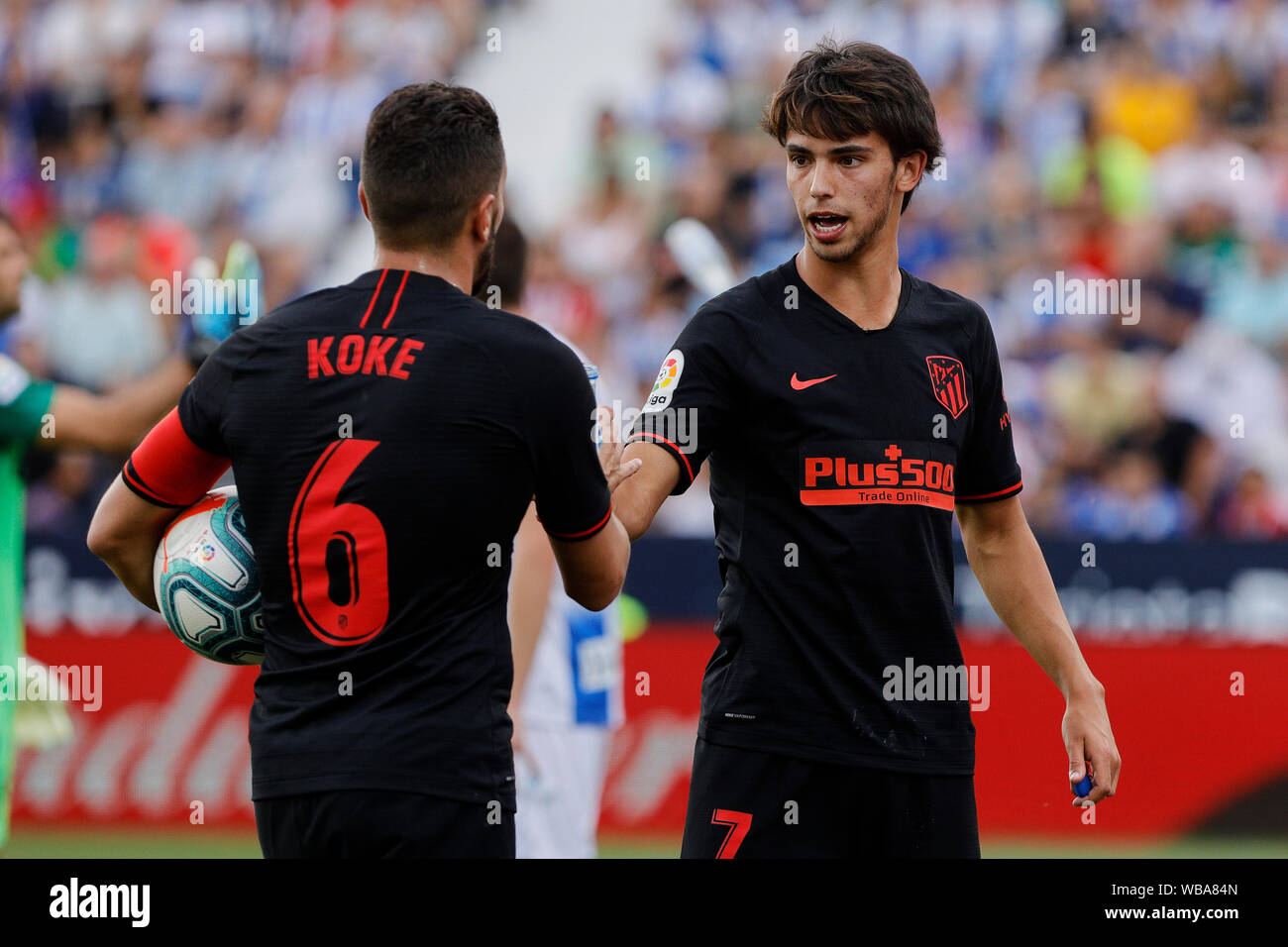 Madrid, Spain. 25th Aug, 2019. Atletico de Madrid's Jorge Resurreccion 'Koke' (L) and Joao Felix (R) are seen in action during the La Liga football match between CD Leganes and Atletico de Madrid at Butarque Stadium in Madrid.(Final score; CD Leganes 0:1 Atletico de Madrid) Credit: SOPA Images Limited/Alamy Live News Stock Photo