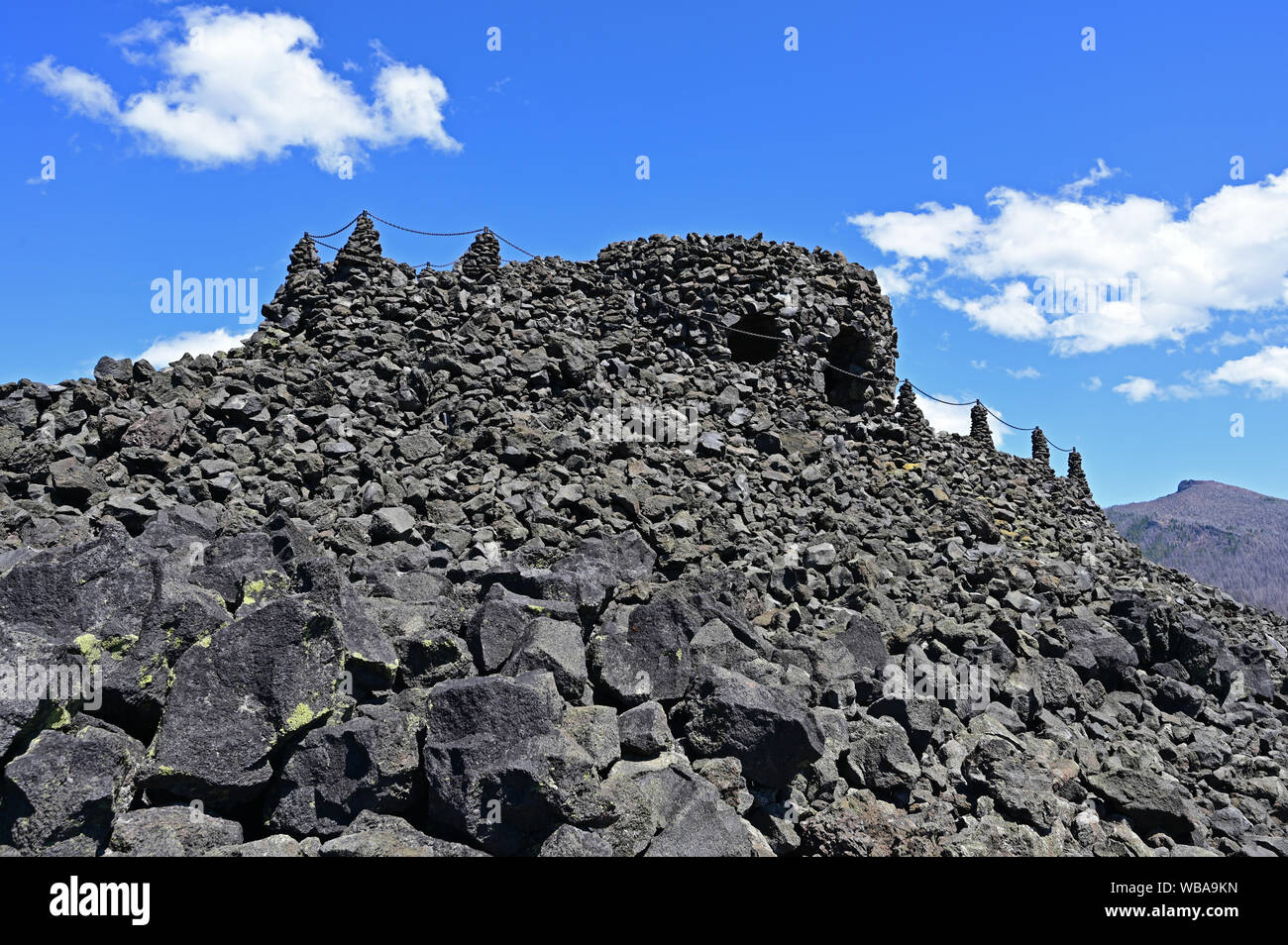 Dee Wright Observatory at summit of McKenzie Pass overlooking lava fields in Willamette National Forest, Oregon. Stock Photo