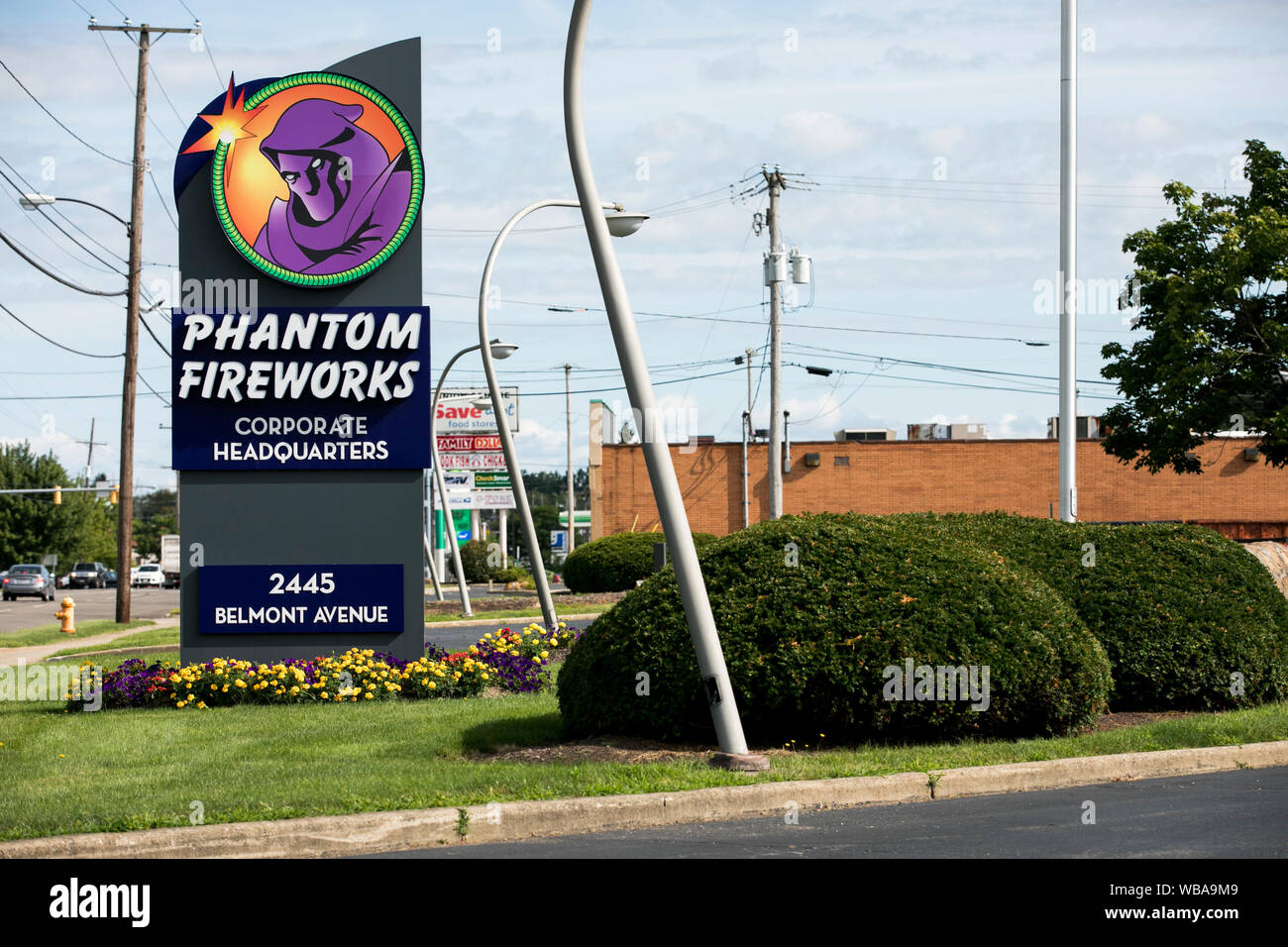A logo sign outside of the headquarters of Phantom Fireworks in