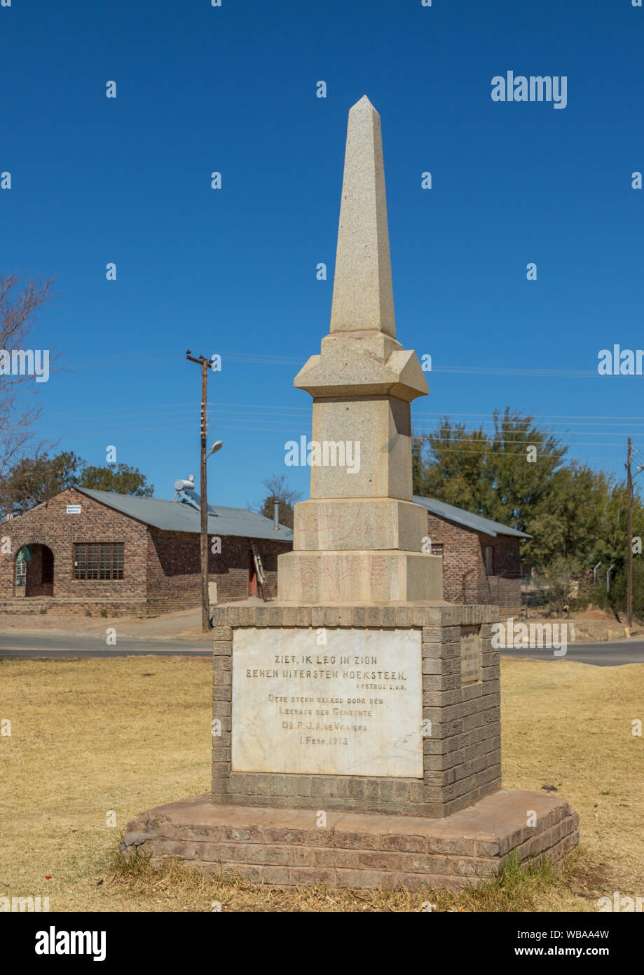 Hopetown, South Africa - cornerstone of the Dutch Reformed Church and Plague commemorating the translation of the bible in Afrikaans in 1933 Stock Photo