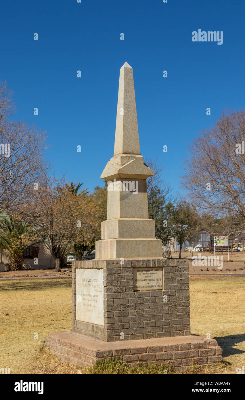 Hopetown, South Africa - cornerstone of the Dutch Reformed Church and Plague commemorating the translation of the bible in Afrikaans in 1933 Stock Photo