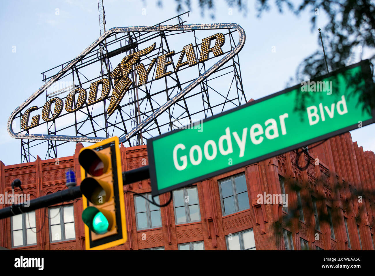 A logo sign outside of the former headquarters of The Goodyear Tire