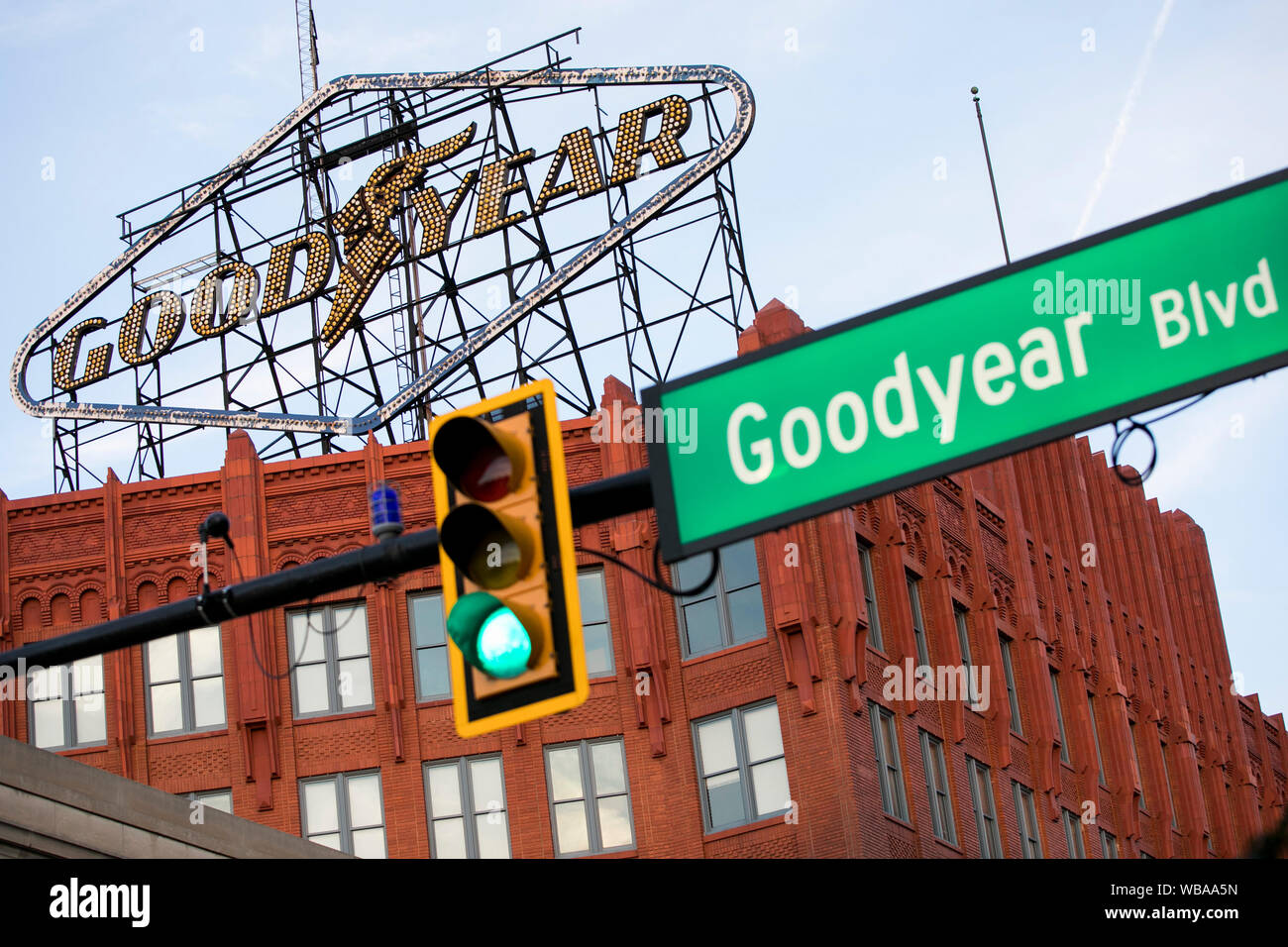 A logo sign outside of the former headquarters of The Goodyear Tire