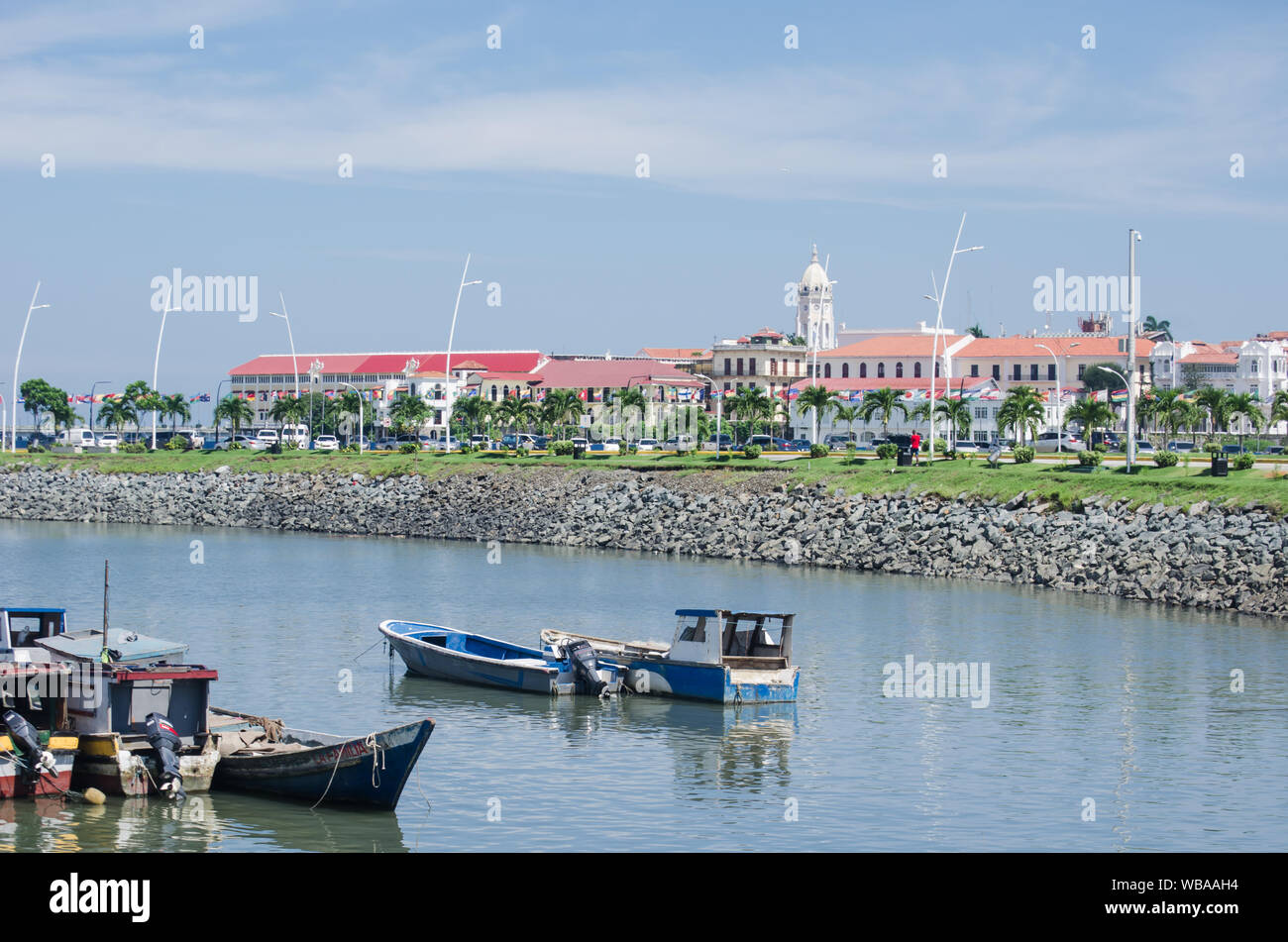 Casco Viejo Panama seen from Seafood Market at the entrance of Coastal Trip III Stock Photo