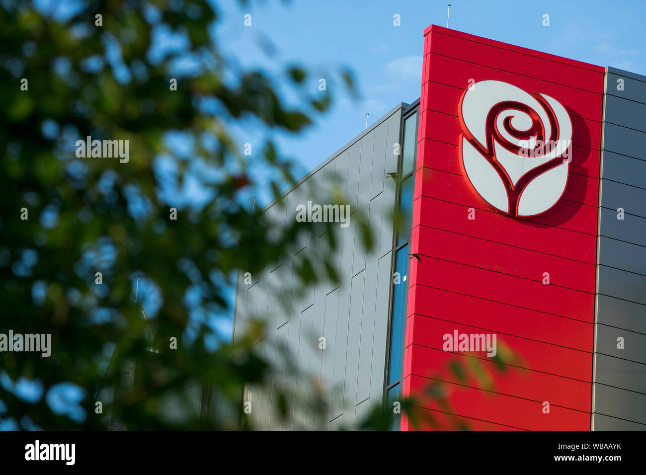 A logo sign outside of the headquarters of the American Greetings Corporation in Westlake, Ohio on August 11, 2019. Stock Photo