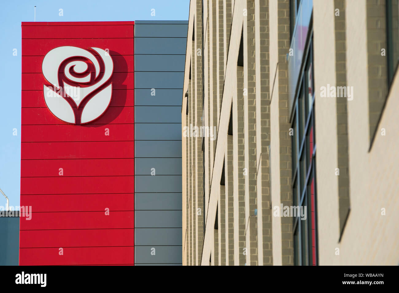 A logo sign outside of the headquarters of the American Greetings Corporation in Westlake, Ohio on August 11, 2019. Stock Photo