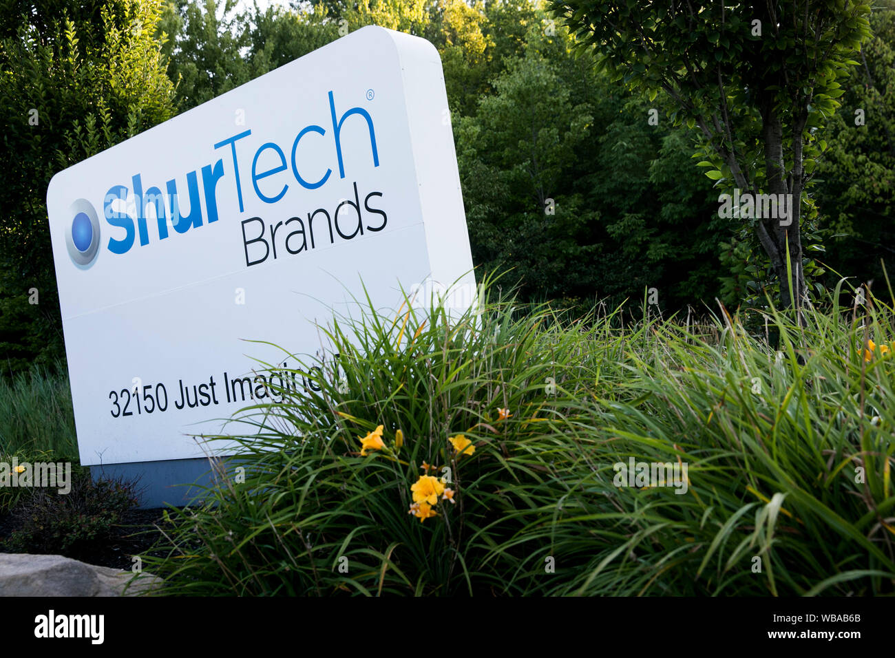 A logo sign outside of the headquarters of ShurTech Brands, maker of