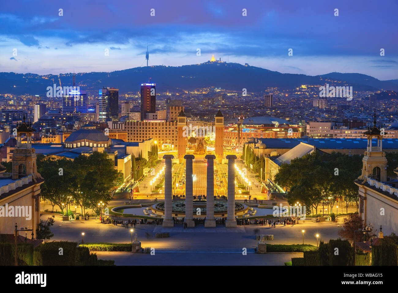 Barcelona Spain, city skyline night at Barcelona Espanya Square Stock Photo