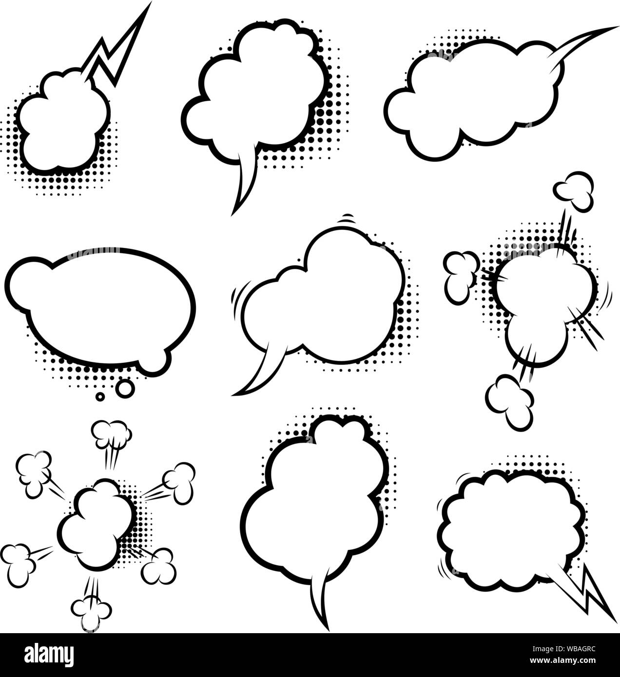Set of empty comic style speech bubbles with halftone shadows. Design element for poster, emblem, sign, banner, flyer. Vector illustration Stock Vector