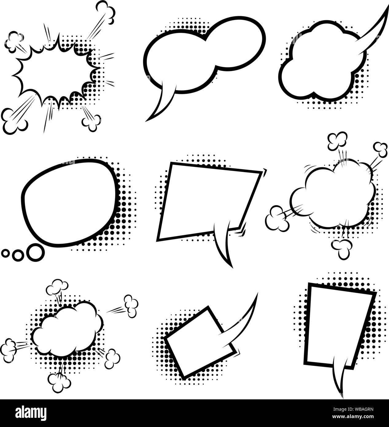 Set of empty comic style speech bubbles with halftone shadows. Design element for poster, emblem, sign, banner, flyer. Vector illustration Stock Vector