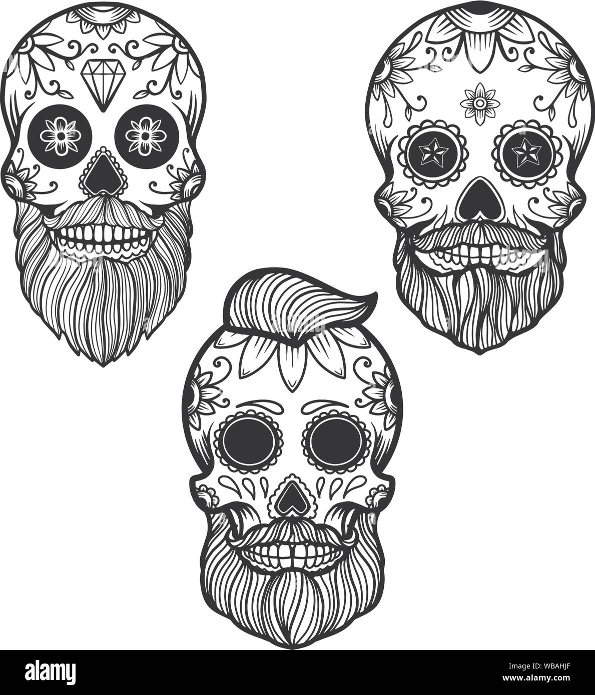 Set of hand drawn mexican bearded sugar skull isolated on white background. Design element for poster, card, banner, t shirt, emblem, sign. Vector ill Stock Vector