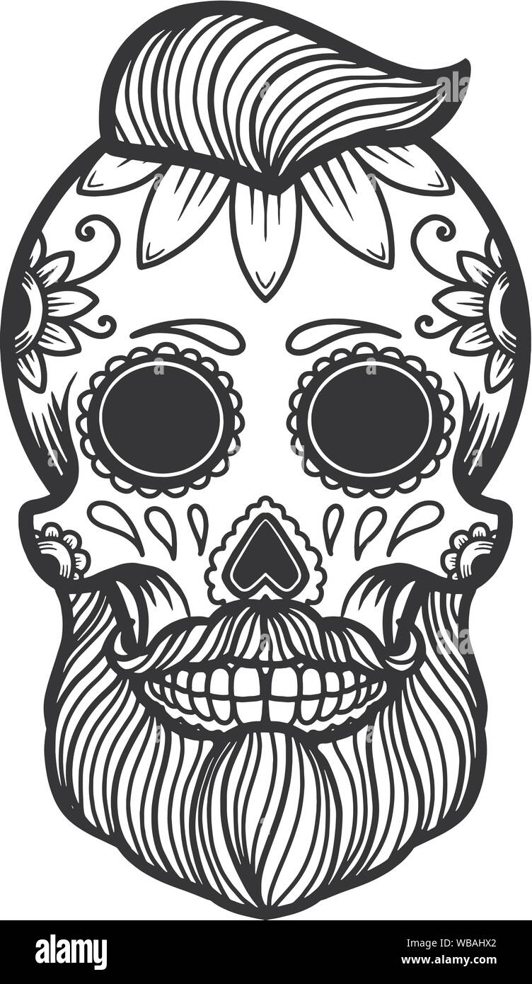Hand drawn mexican bearded sugar skull isolated on white background. Design element for poster, card, banner, t shirt, emblem, sign. Vector illustrati Stock Vector