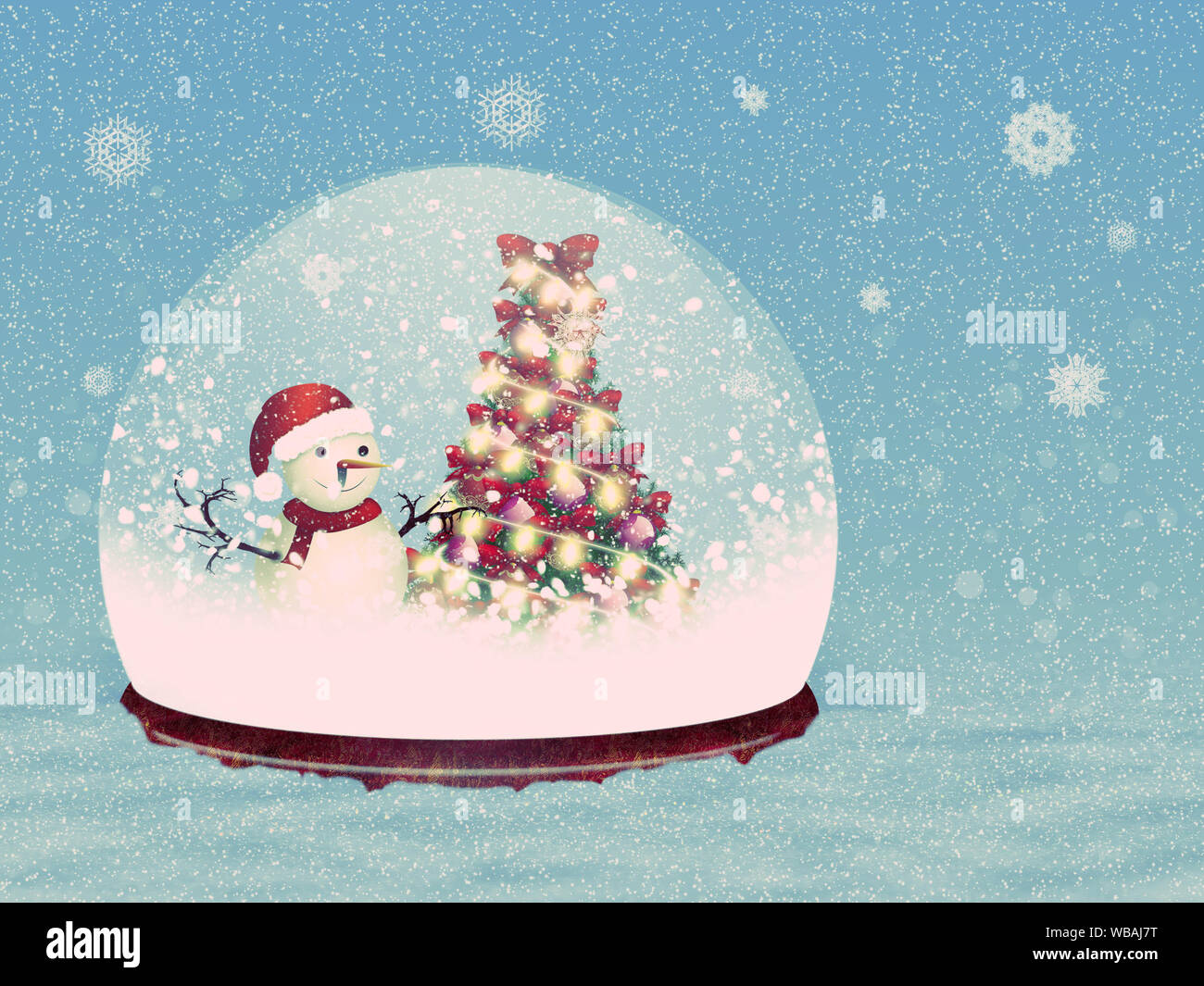 Illustration of magical snow globe with snowman on snow background ...