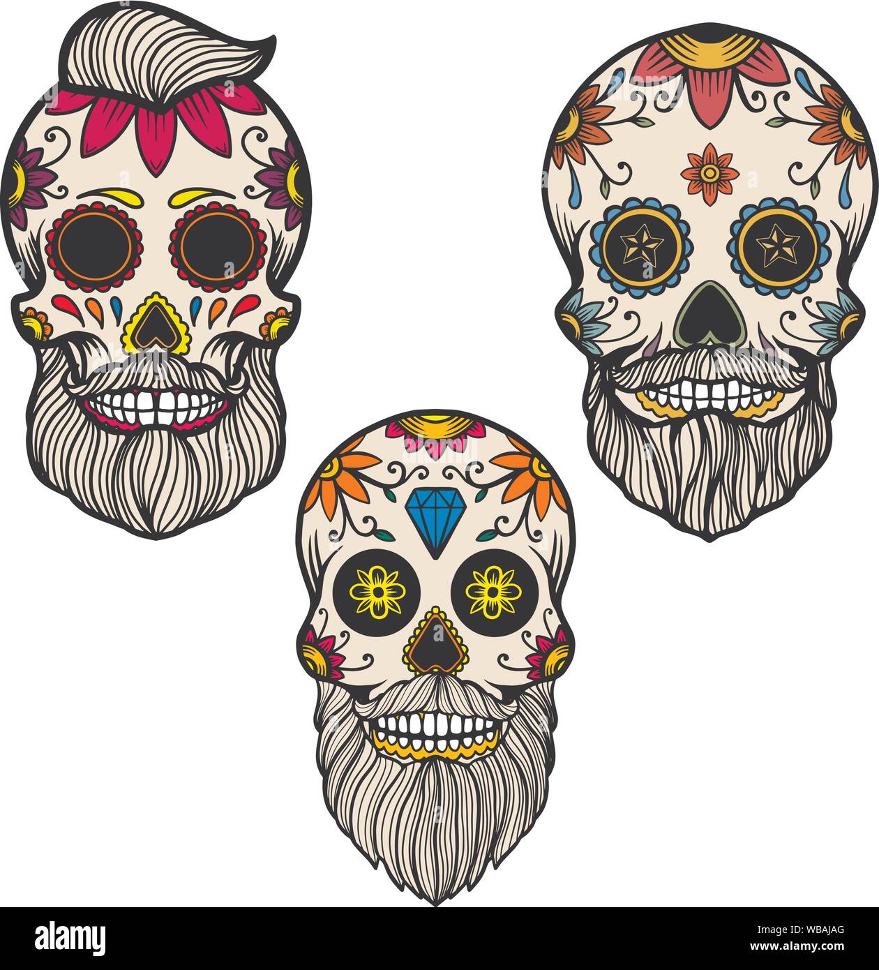 Set of hand drawn mexican bearded sugar skull isolated on white background. Design element for poster, card, banner, t shirt, emblem, sign. Vector ill Stock Vector