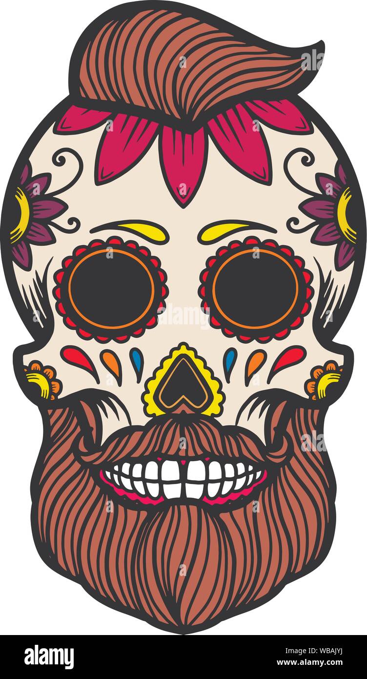 Hand drawn mexican bearded sugar skull isolated on white background. Design element for poster, card, banner, t shirt, emblem, sign. Vector illustrati Stock Vector