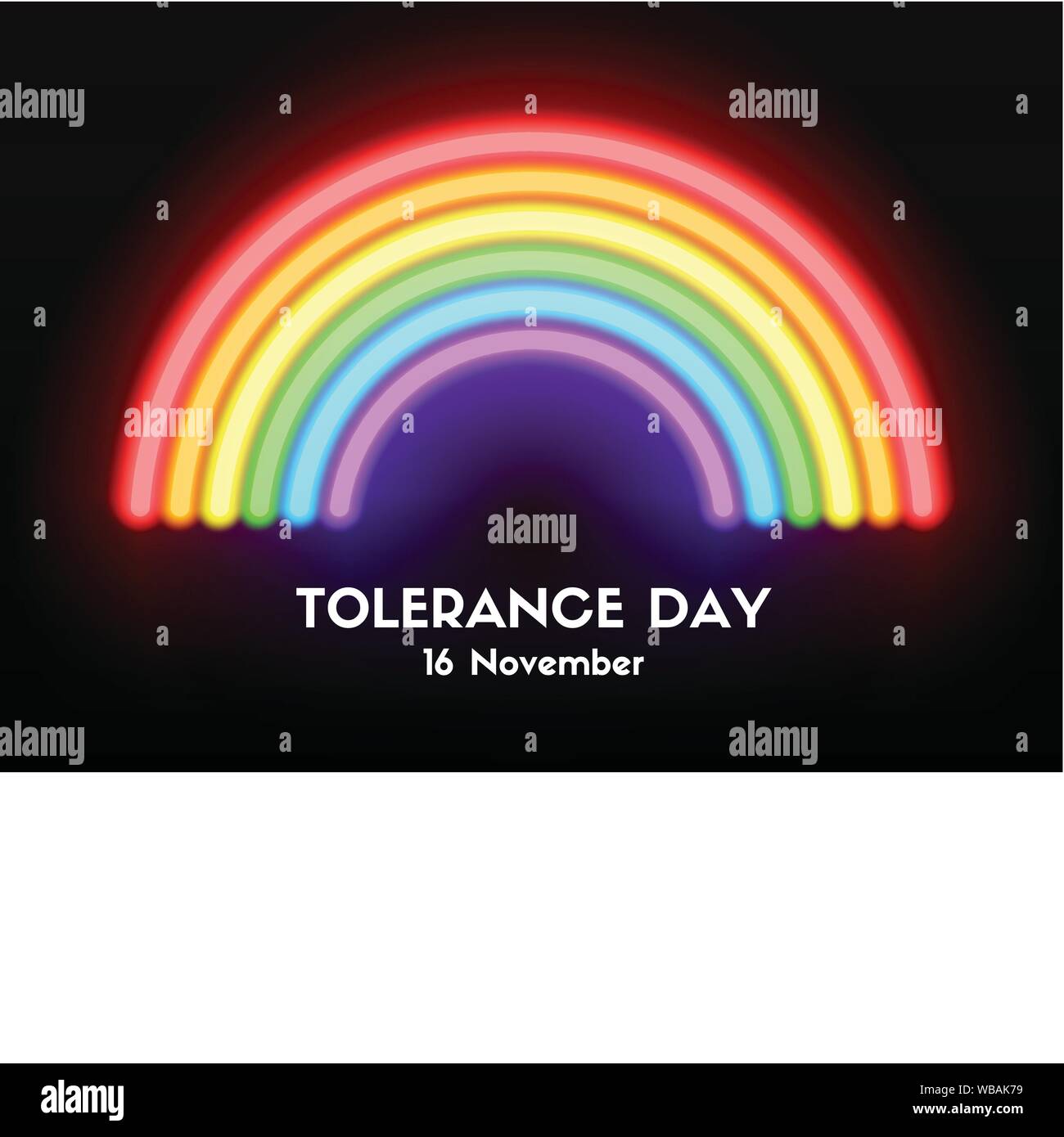 Tolerance day card. Vector neon glowing rainbow Stock Vector