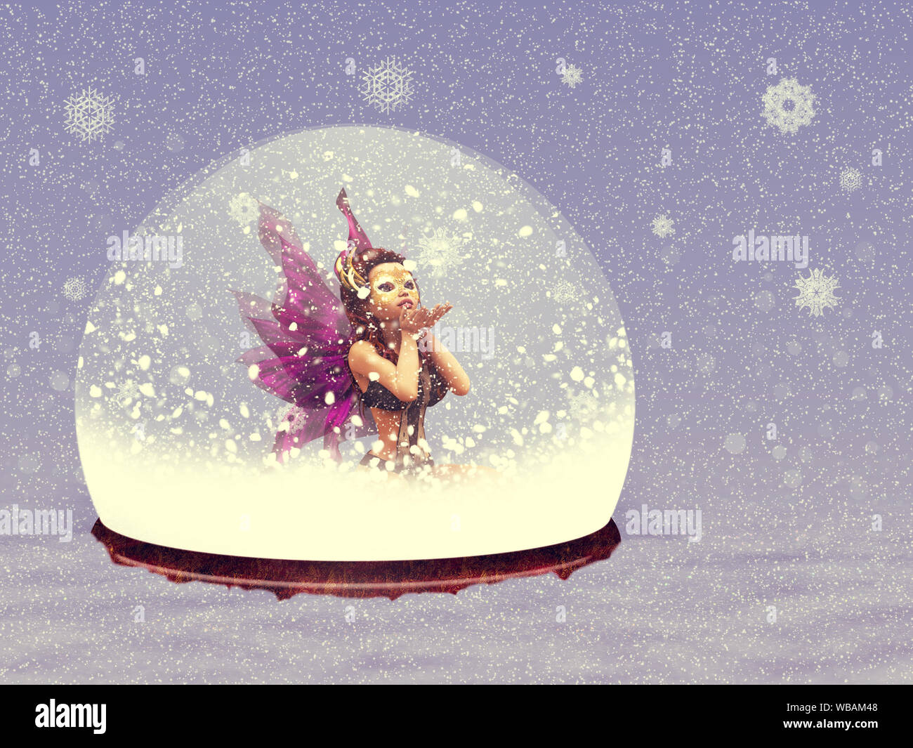 Illustration of magical snow globe with fairy on snow background Stock
