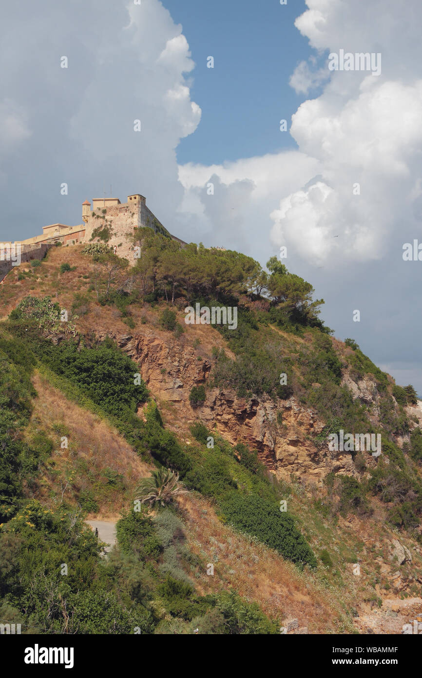 Rocky mountain with ancient fort. Portoferraio, Elba Island, Italy Stock Photo