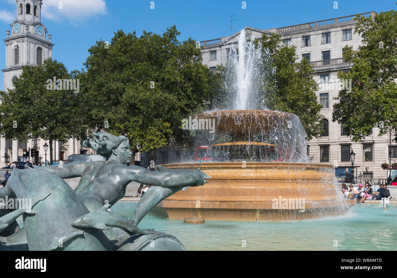 Fountain in Trafalgar Square, Charing Cross, City of Westminster, Central London, England, UK. Stock Photo