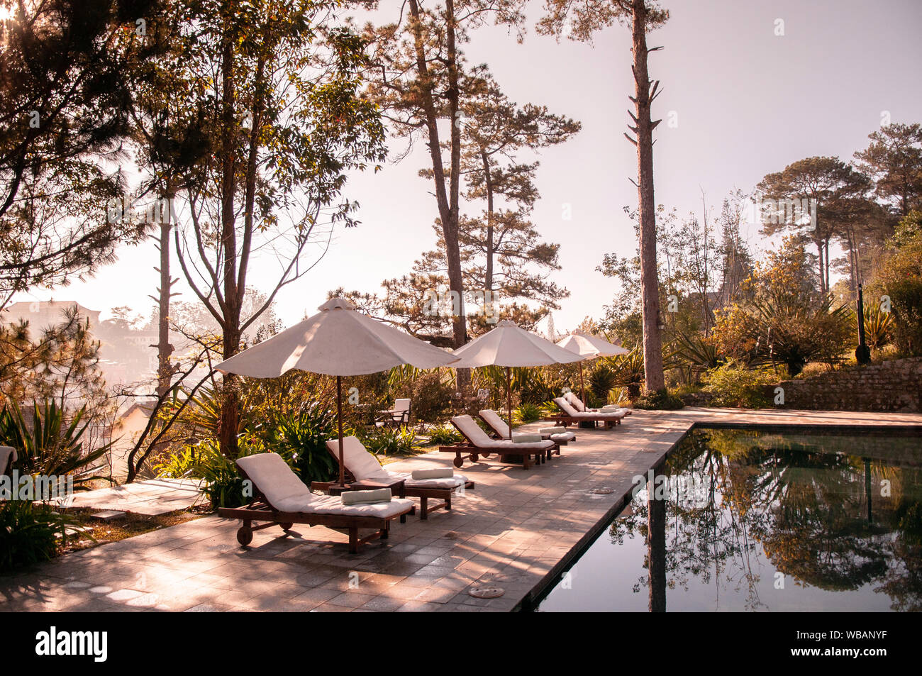 FEB 26, 2014 Dalat, Vietnam - Tropical resort style swimming pool in pine forest under sunlight flare in late winter with reflection on water surface Stock Photo