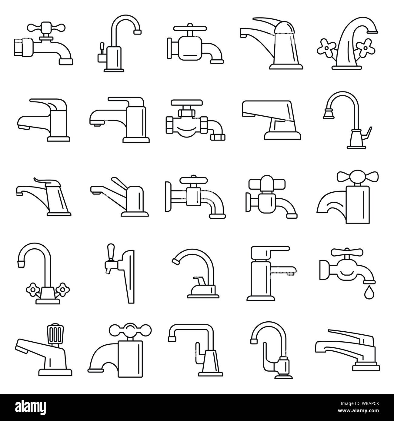 Water faucet icons set. Outline set of water faucet vector icons for