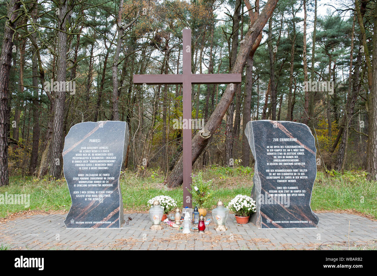 Monument to the victims of the plane catastrophe on Resko lake in 1945, Rogowo, West Pomeranian Voivodeship, Poland, Europe Stock Photo