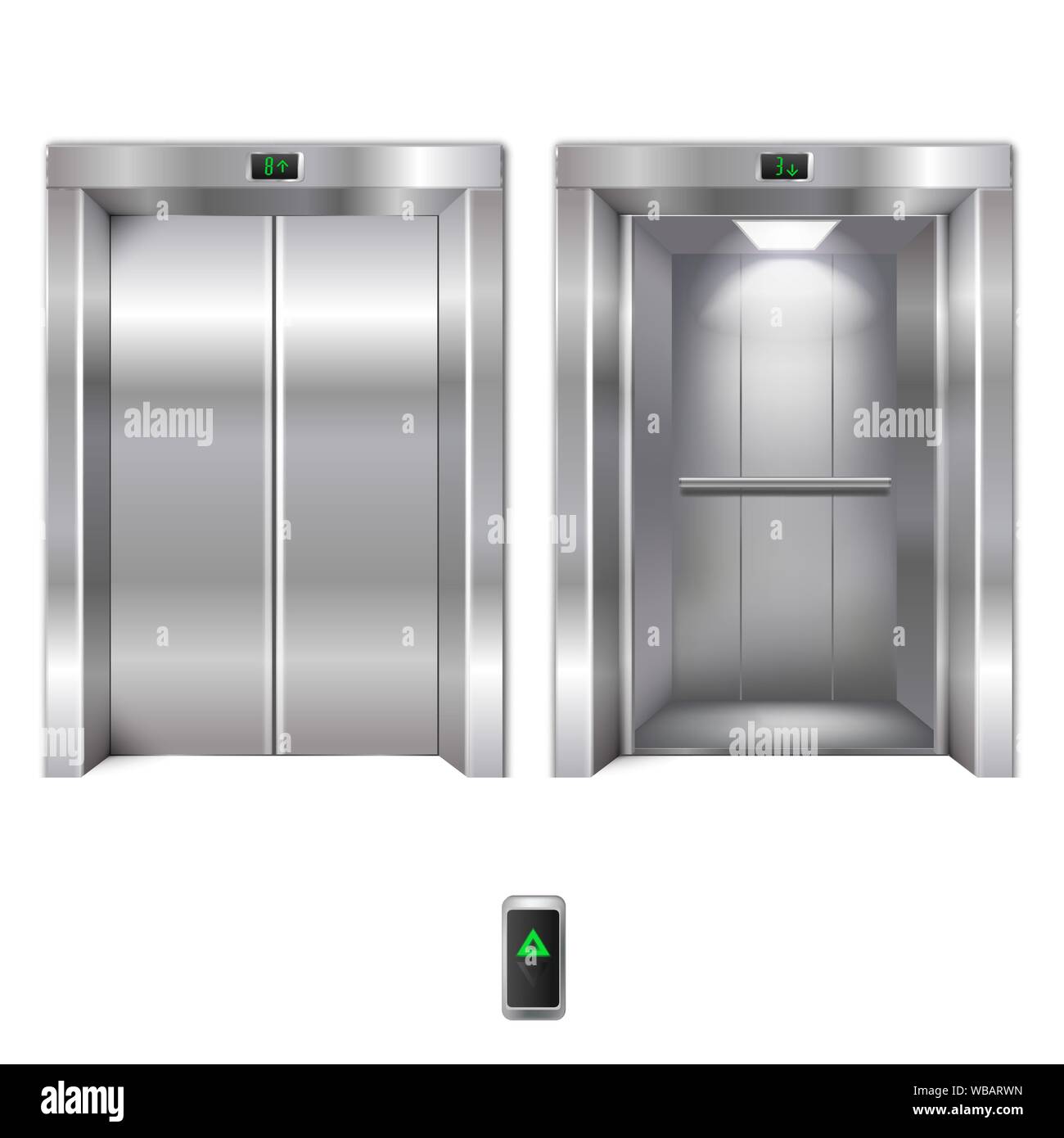 Vector Realistic Open and Closed Chrome Metal Office Building Elevator Doors Isolated on Background Stock Vector