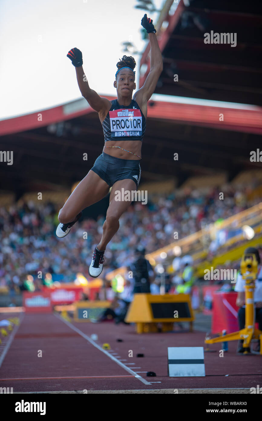 Shara Proctor competes in the women's long jump final at the Muller GB Athletics Championships, Birmingham UK. Stock Photo