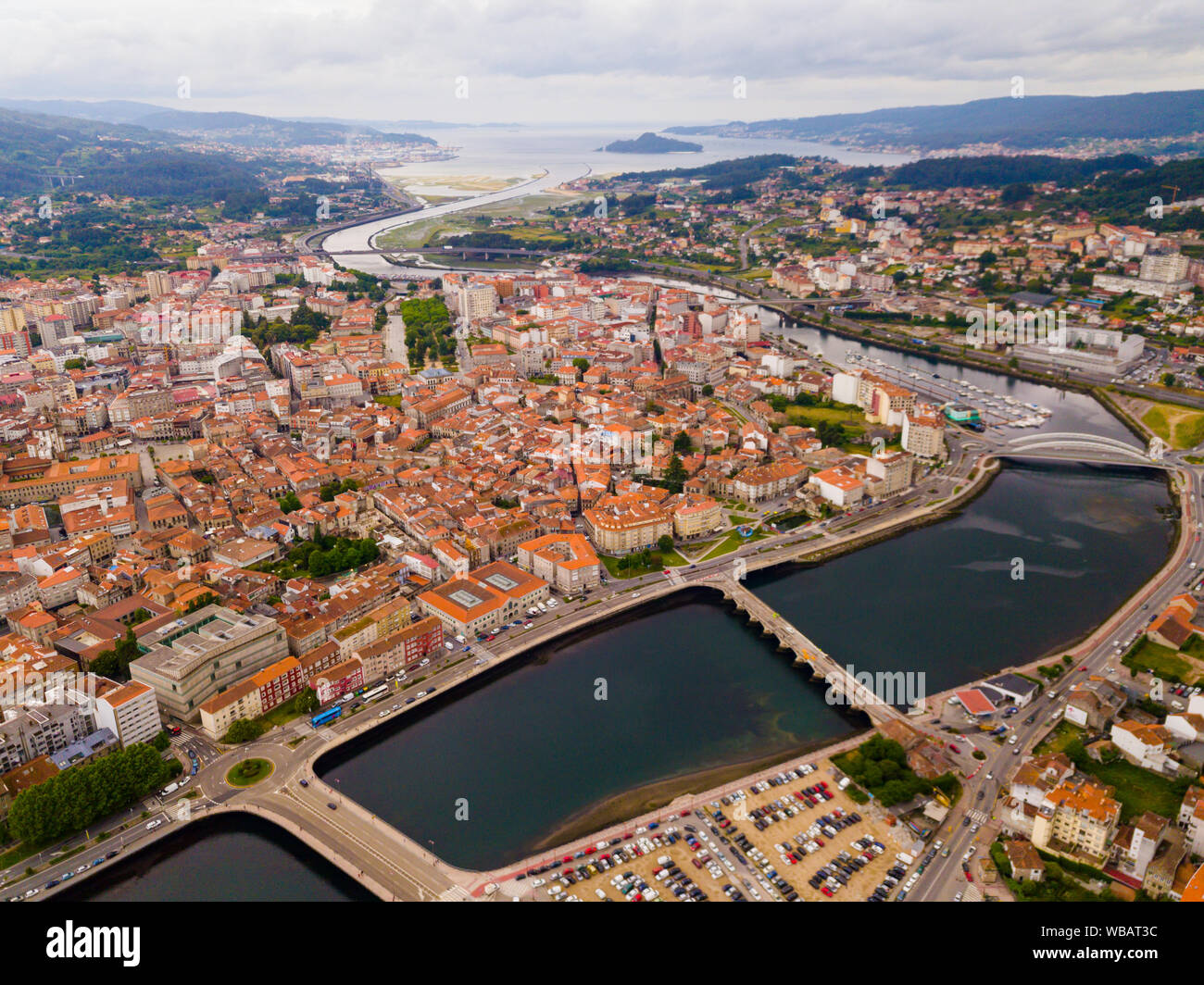 Aerial view of Pontevedra cityscape with a modern apartment buildings
