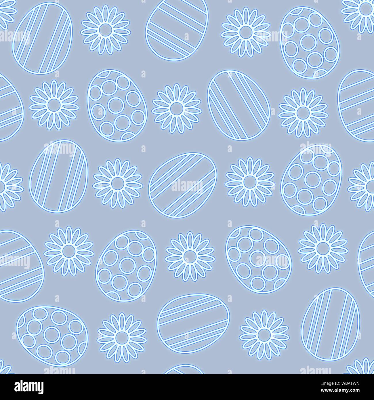 Seamless pattern with Easter eggs and chamomiles with neon effect. Vector illustration EPS10 Stock Vector