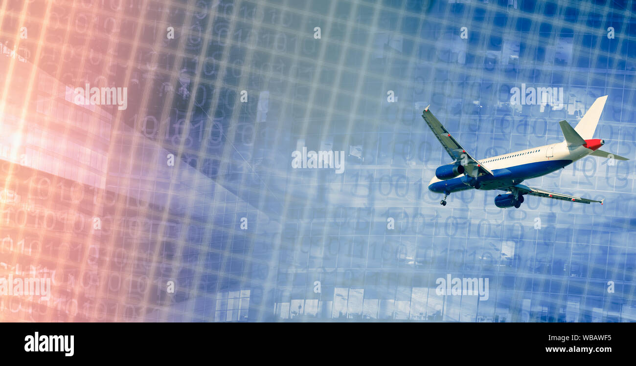 Airliner in motion on abstract background of highrise and binary code Stock Photo