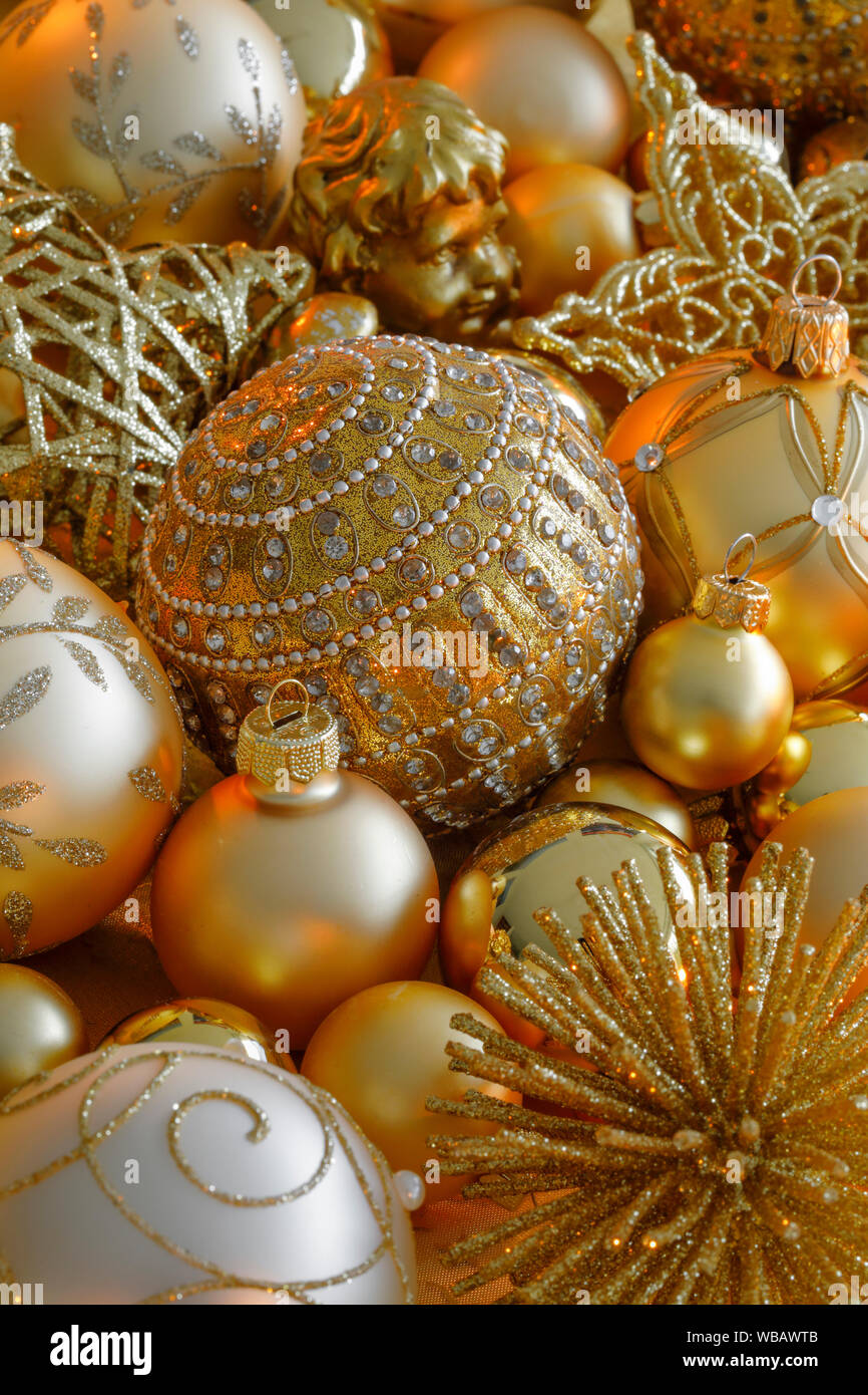 Golden and silver Christmas baubles. Studio picture. Switzerland Stock Photo