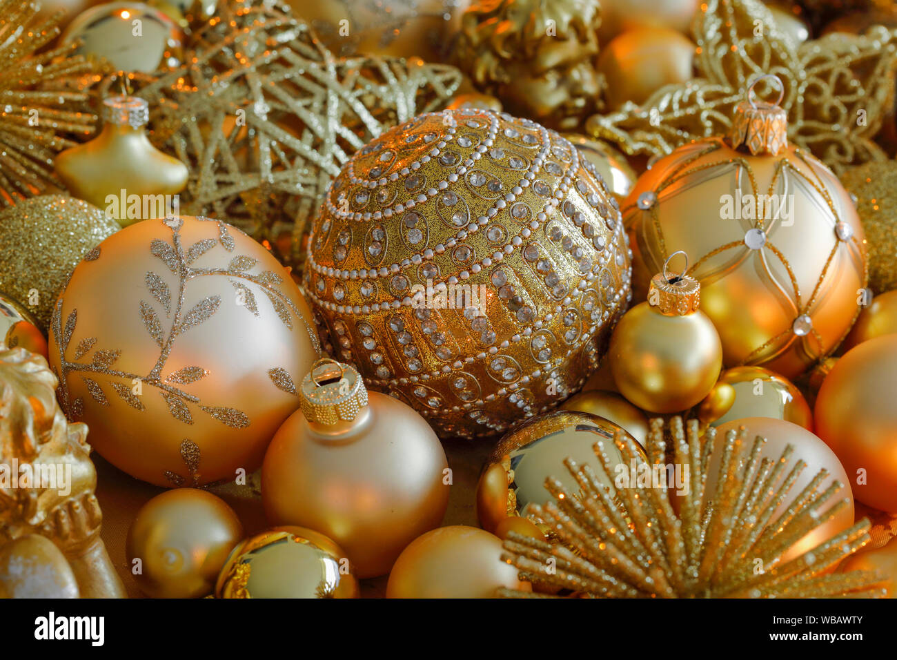 Golden and silver Christmas baubles. Studio picture. Switzerland Stock Photo