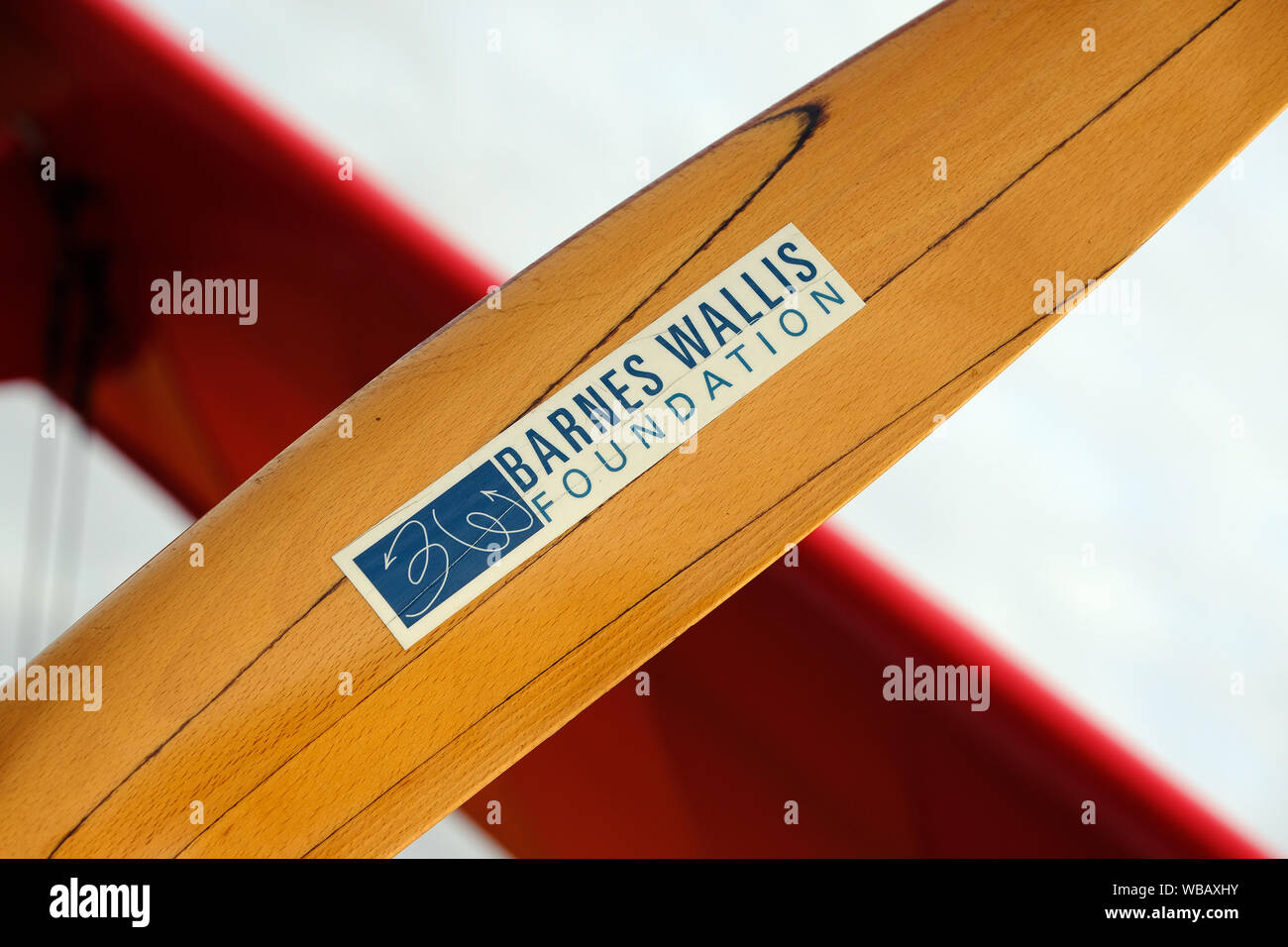 Barnes Wallis foundation sticker on wooden propeller blade of aircraft build by apprentices' Stock Photo