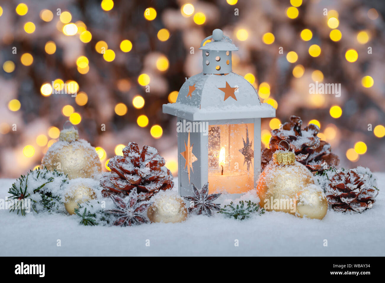 Lantern with Christmas decoration in snow. Switzerland Stock Photo - Alamy