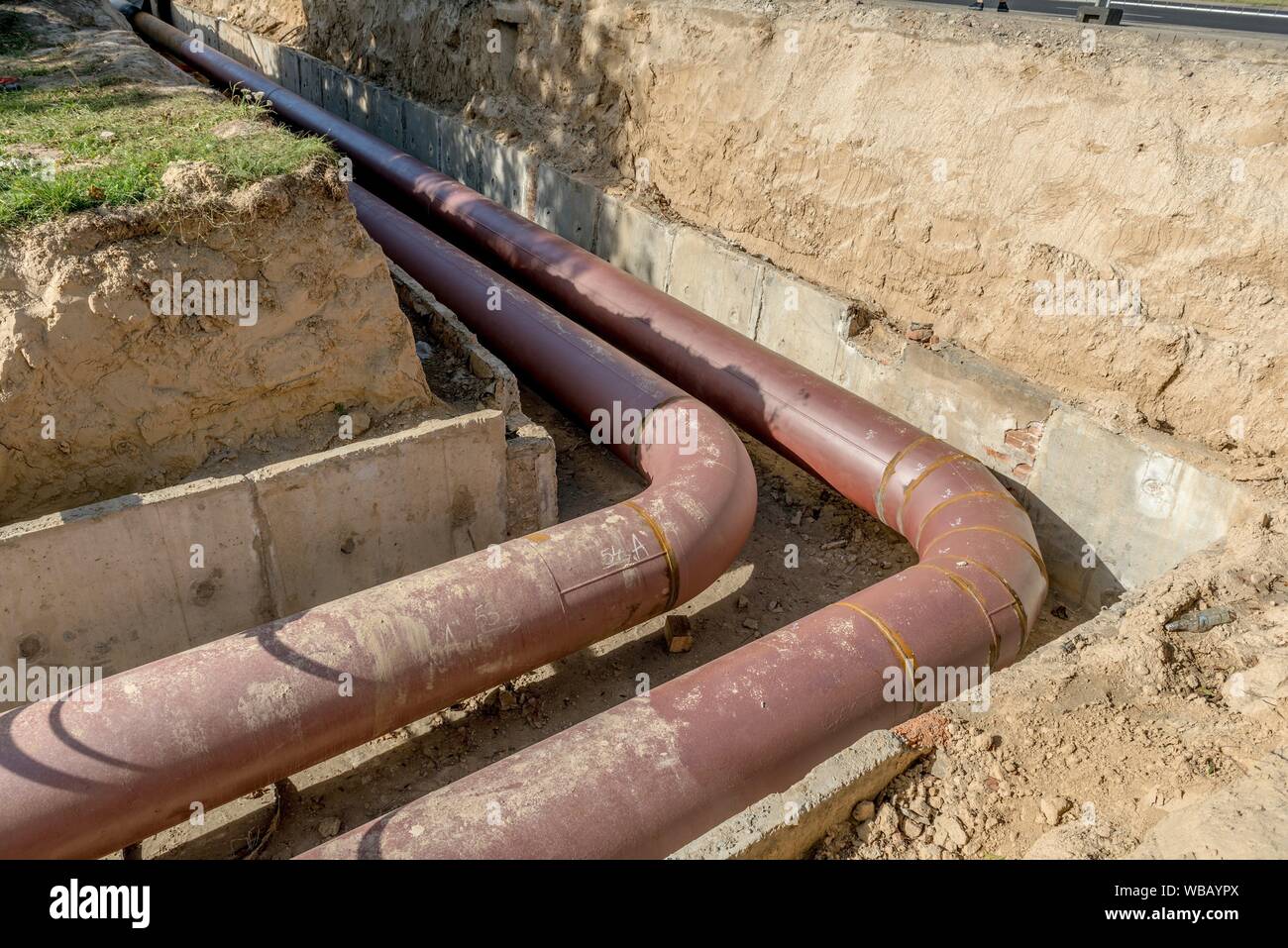 Underground pipe installation. Steel, giant. Laying or replacement of