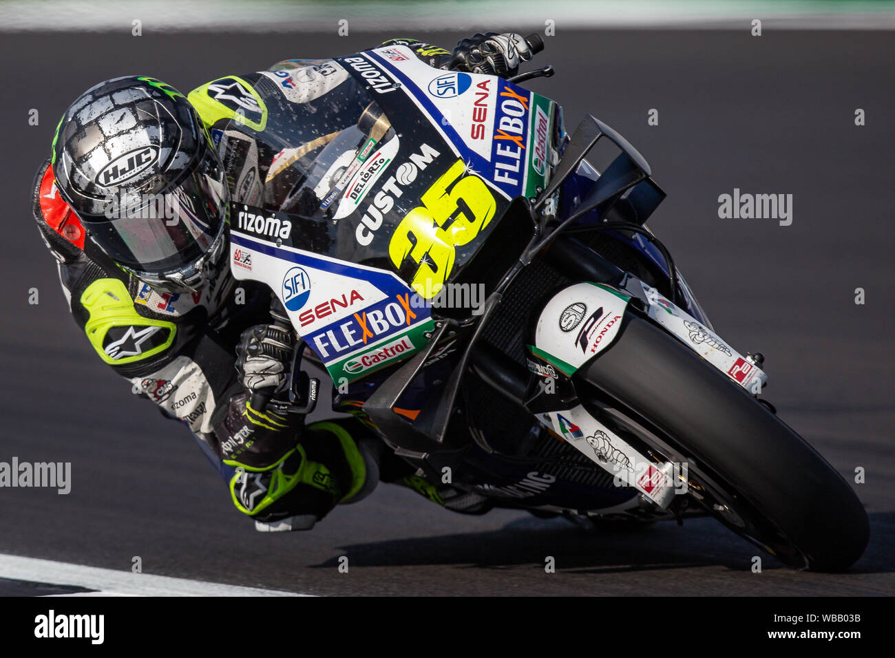 Silverstone, UK. 25th June, 2019. MotoGP rider Cal Crutchlow (LCR Honda CASTROL) during warm up at the 2019 GoPro British Grand Prix (MotoGP) at Silverstone Circuit, Towcester, England on 25 August 2019. Photo by David Horn Credit: PRiME Media Images/Alamy Live News Stock Photo