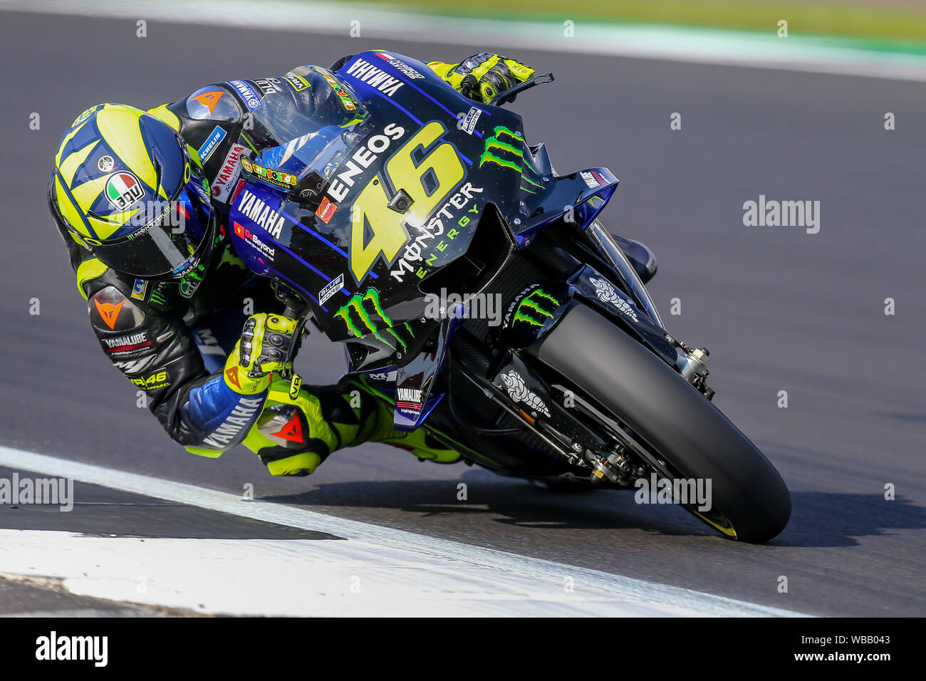 Silverstone, UK. 25th June, 2019. MotoGP rider Valentino Rossi (Monster  Energy Yamaha MotoGP) during warm up at the 2019 GoPro British Grand Prix ( MotoGP) at Silverstone Circuit, Towcester, England on 25 August