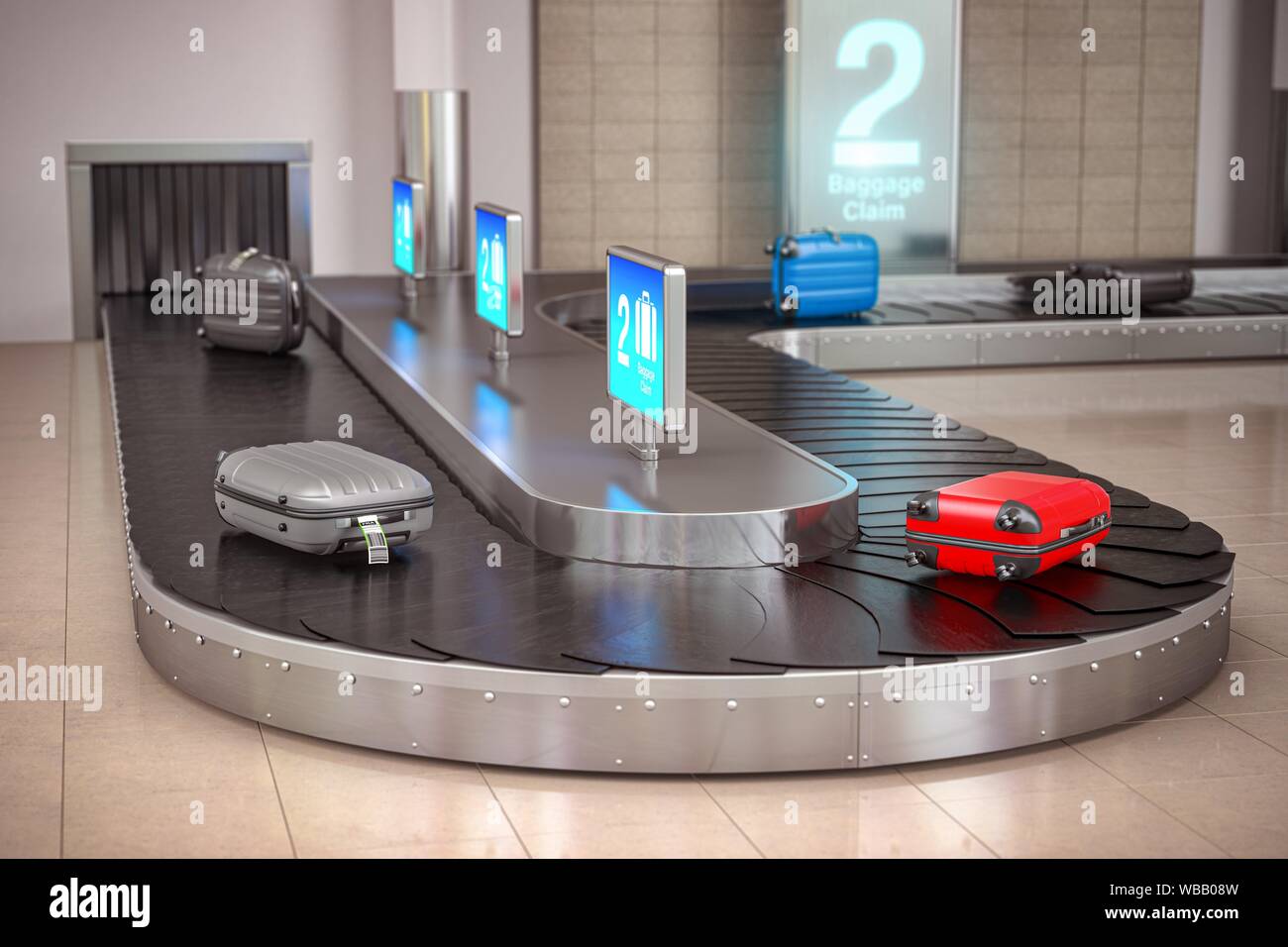 Suitcases On The Airport Luggage Conveyor Belt Baggage Claim Airport Terminal 3d Illustration Stock Photo Alamy