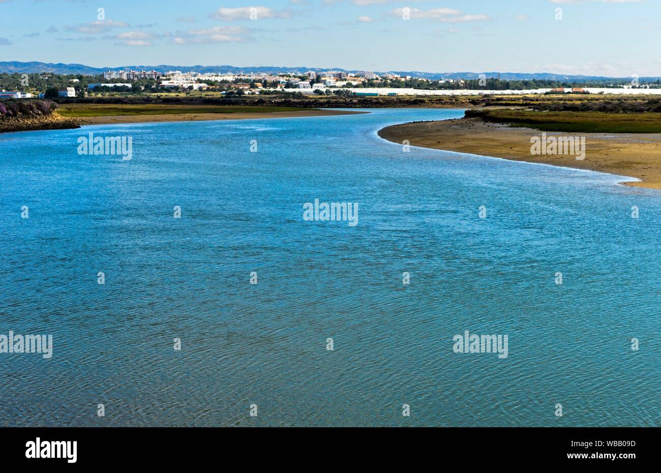 Gilao river, view towards Tavira from Quatro Aguas, Tavira, Algarve, Portugal. Stock Photo