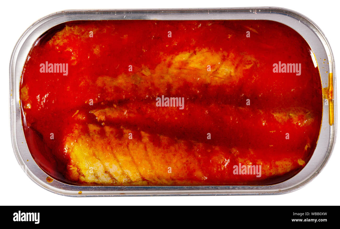 Open can of mackerel fillets in tomato sauce. Isolated over white background Stock Photo Alamy