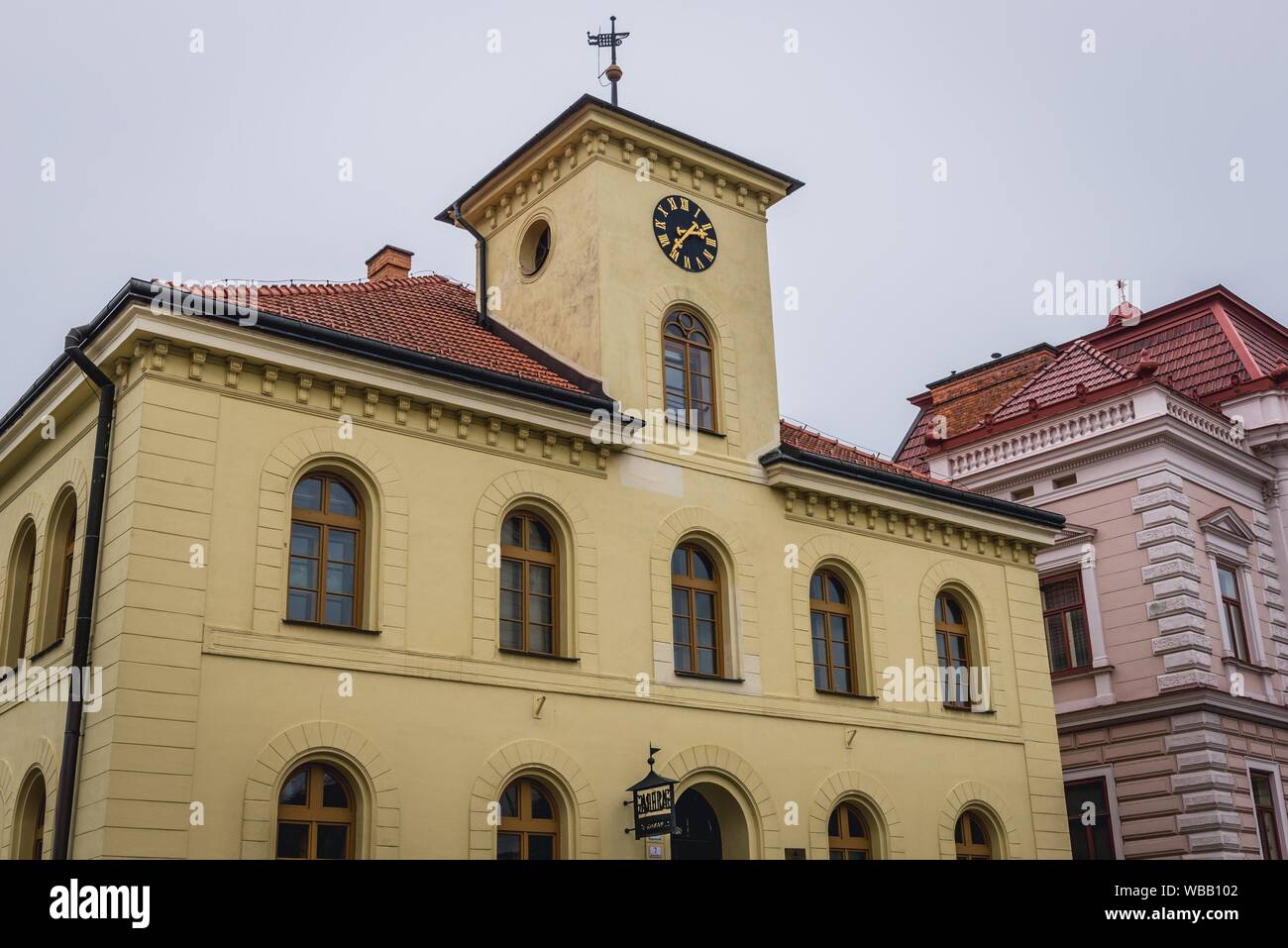 Old Town Hall and New Town Hall buildings in Vsetin city in Zlin Region