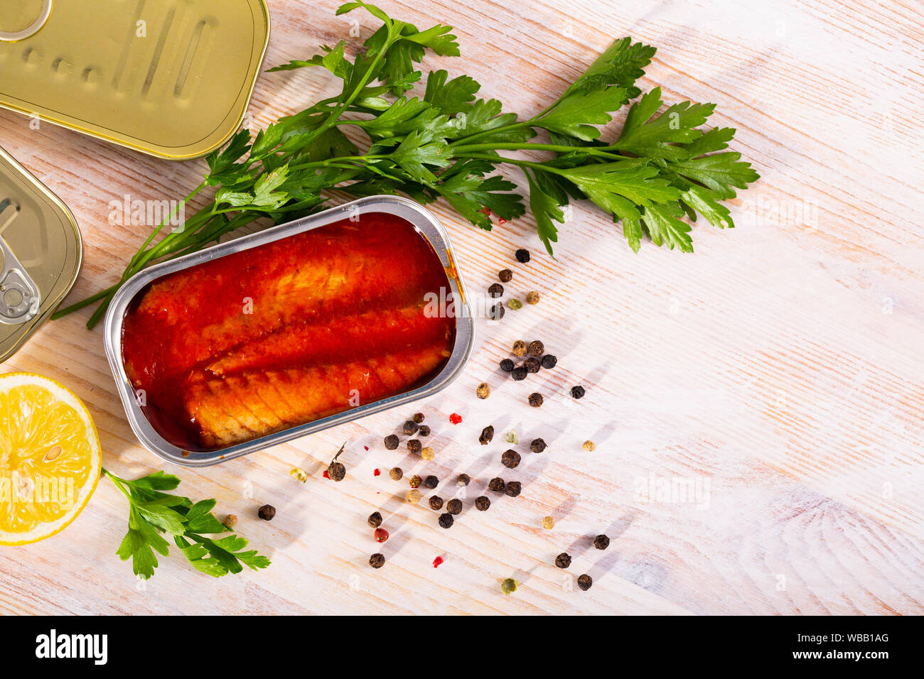 Mackerel fillet in tomato sauce in can Stock Photo Alamy